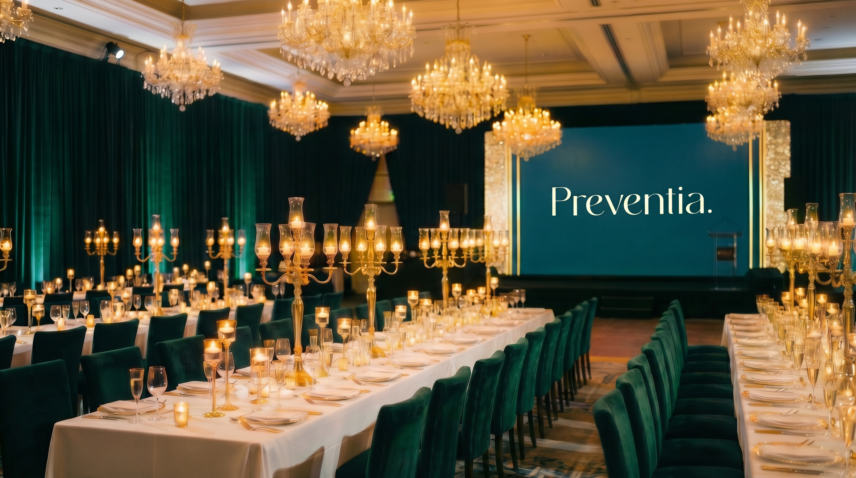 The HeartScreen National Launch Gala 2026, luxury ballroom with emerald green and gold decor at the Princeton Room, Bond University, Gold Coast